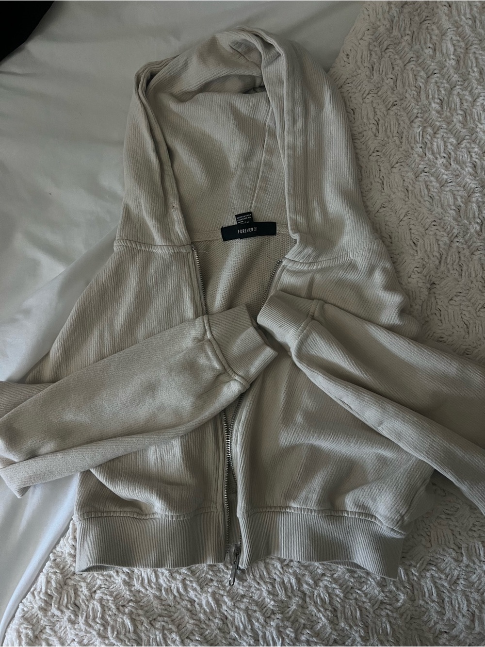 Forever 21 Cream Ribbed Zip-Up Hoodie